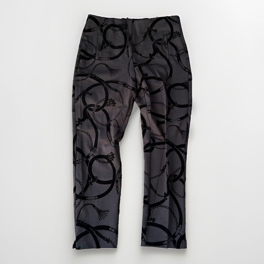 Chicos Juliet Flocked Trouser Pants Size 1.5 Medium Gray Black Velvet Chain Link